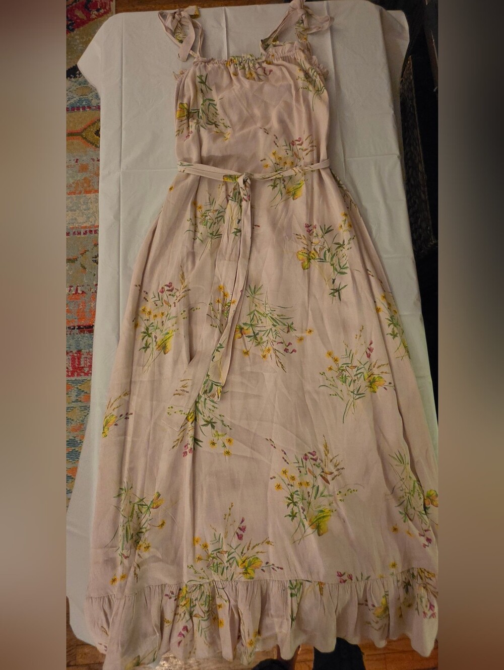 A Loves A Blush Pink Floral Tie Strap Midi Maxi Dress Size Small Cottagecore - Picture 2 of 6